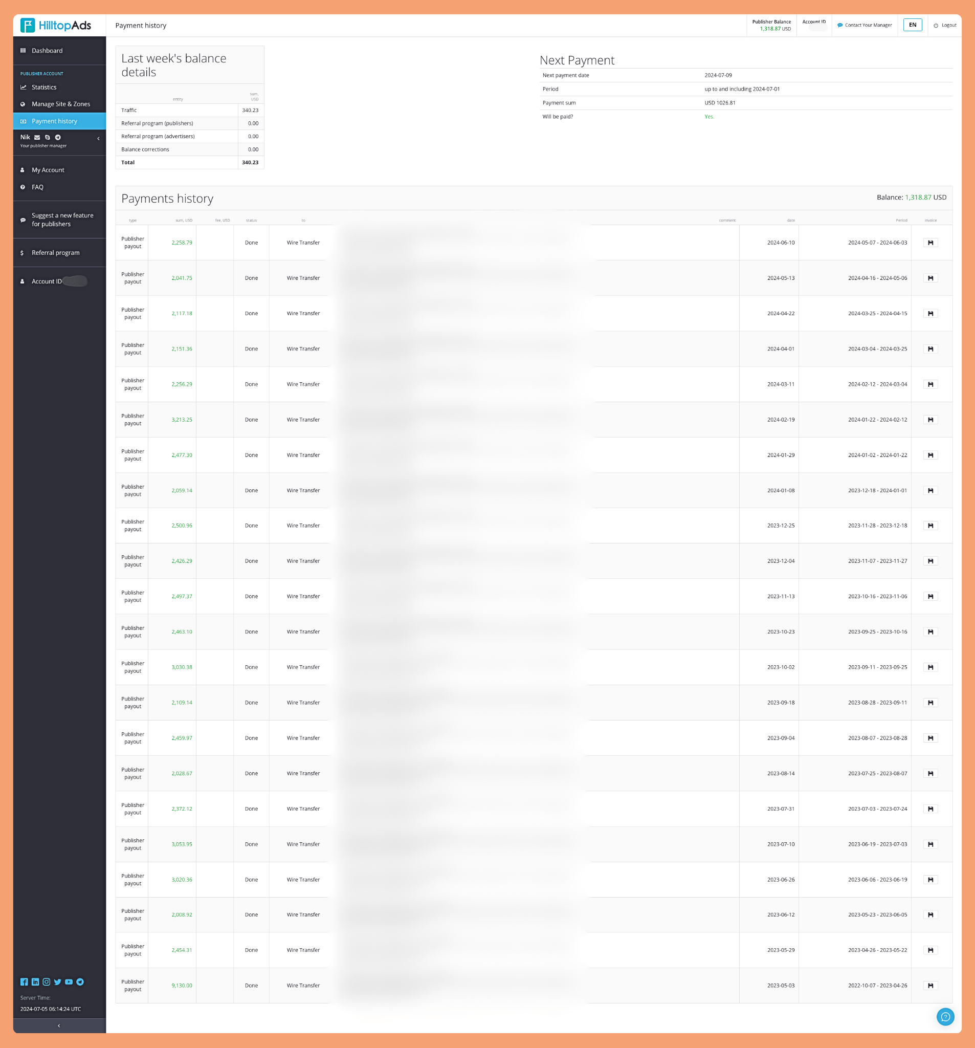 Publisher's Payment history from the HilltopAds account